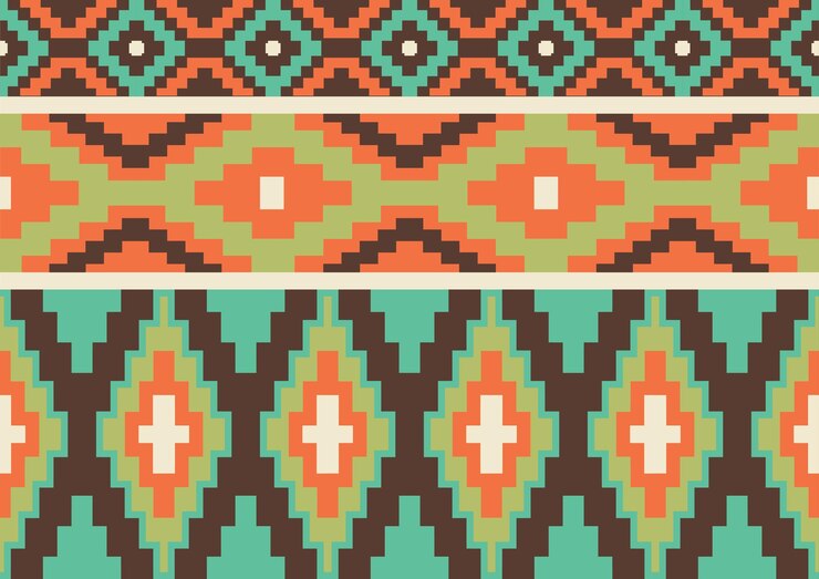 Vector abstract ethic pattern background orange green and brown colors fabric seamless template for website wallpaper poster
