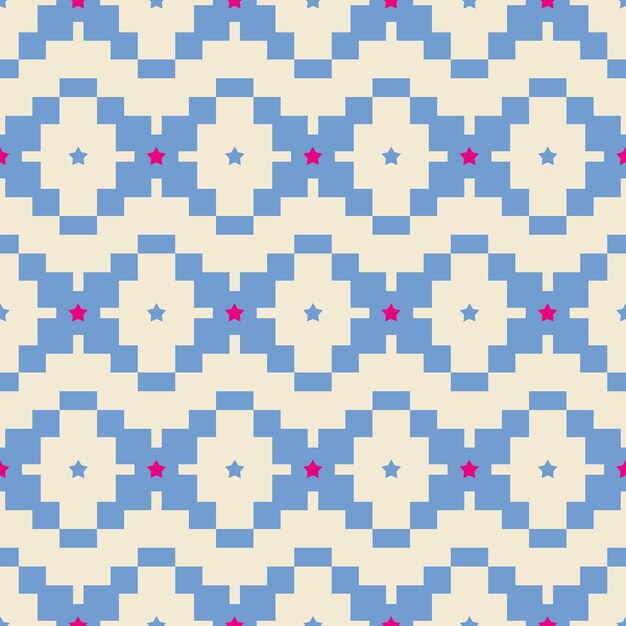 추상 민족 Ikat 스타일 픽셀 기하학적 원활한 패턴 별 사각형 유행 패션 색상