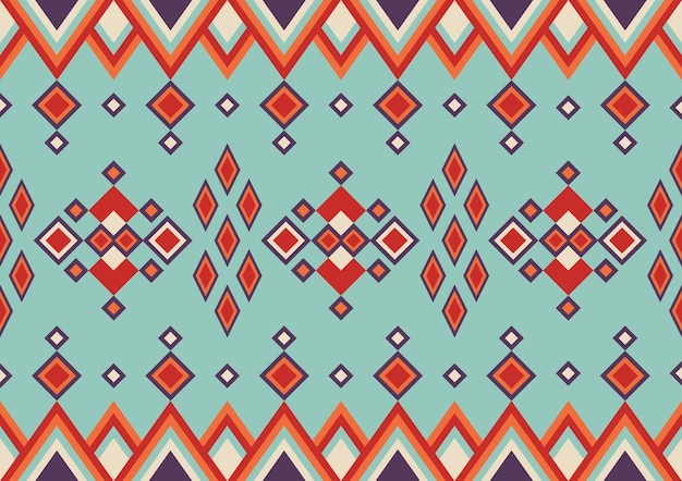 ベクトル 抽象的な民族のシームレスなパターンの幾何学的形状の背景赤オレンジと緑の色壁紙衣類カーペット包装織物用のデザイン テンプレート