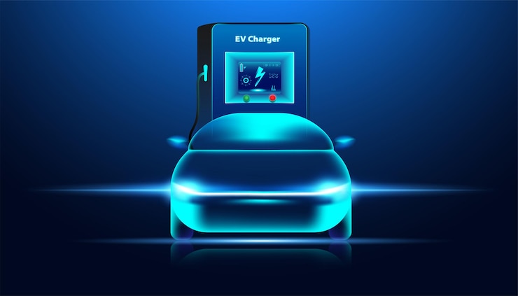 Vector abstract ev charger station electric cars in the illustration, electric cars are powered by electric energy. future energy.on blue background