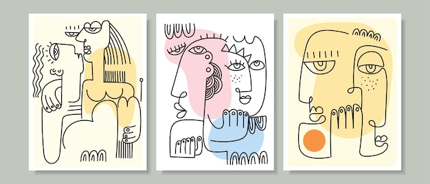 Abstract face person drawing in continuous line with minimalist color vintage vector illustration