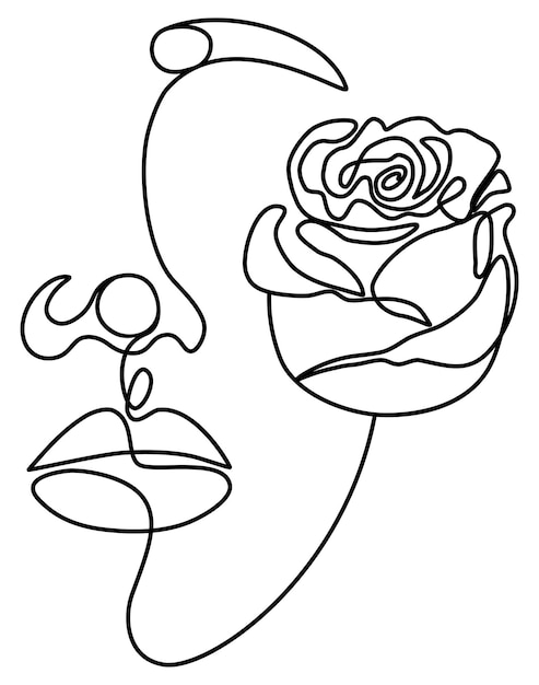 Abstract face with abstract rose flower one line drawing