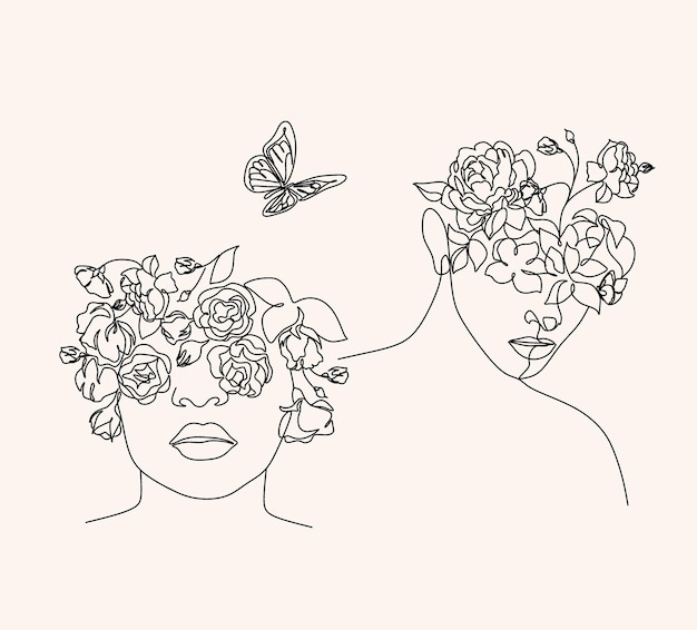 Vector abstract face with butterfly one line drawing portrait minimalistic style