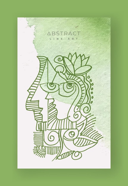 Abstract face with flower and bird line art on watercolor background