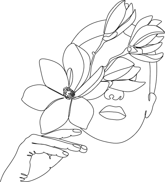 Abstract face with flowers by one line vector drawing Portrait minimalistic style