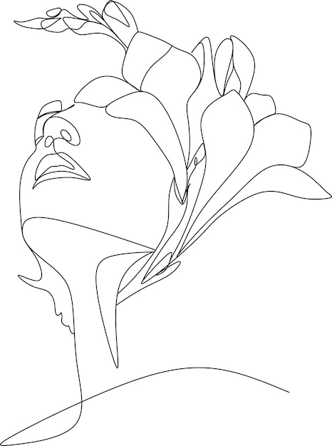 1行ベクトル描画ポートレートミニマルスタイルによる花と抽象的な顔