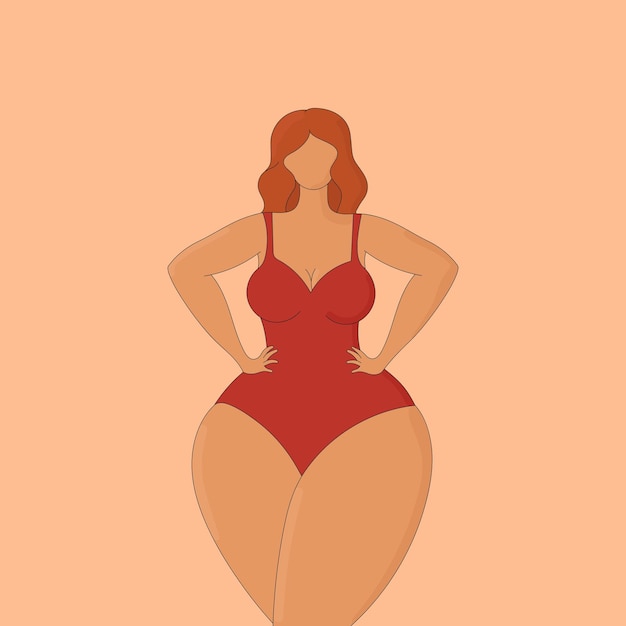 Vector abstract faceless curvy female in a red swimsuit body positive and female beauty