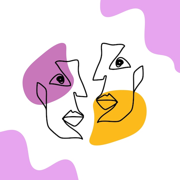 一本の線で描かれた抽象的な顔がコミュニケーションをとる男性はピンクの対話をしている