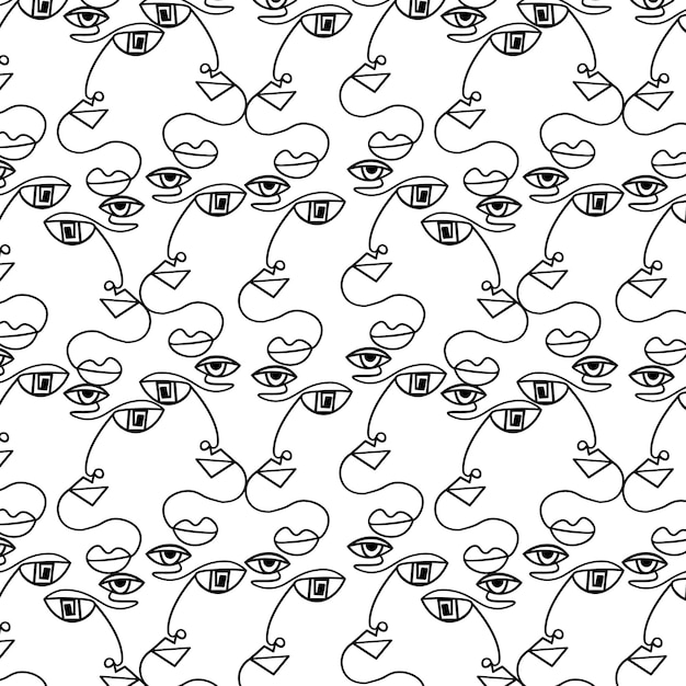 Abstract faces seamless pattern one line