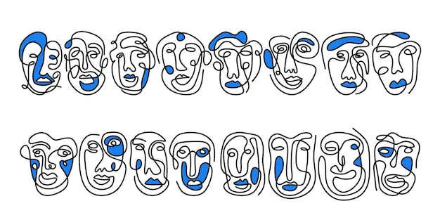 Vector abstract faces set in line art style seamless pattern background