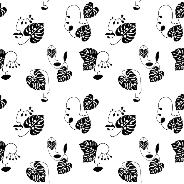 Abstract faces with monstera leaves seamless pattern