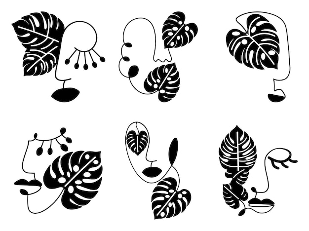 Vector abstract faces with monstera leaves