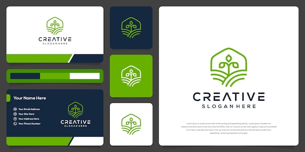 Abstract farm and house with line art logo template and business card