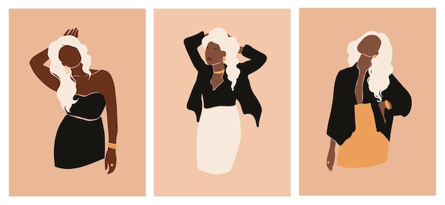 abstract fashion black women in modern trendy style. poster set flat vector illustrations