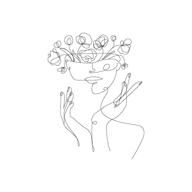 Volto femminile astratto con fiori in testa line art design illustrazione vettoriale lineare continua