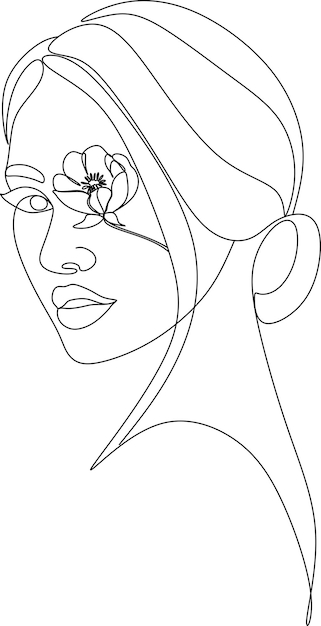 Abstract female face with flowers one line drawing vector illustration