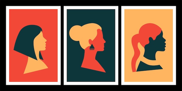 Vettore set di poster di facce femminili astratte stile boho minimo ritratti di donne diverse sagoma della testa