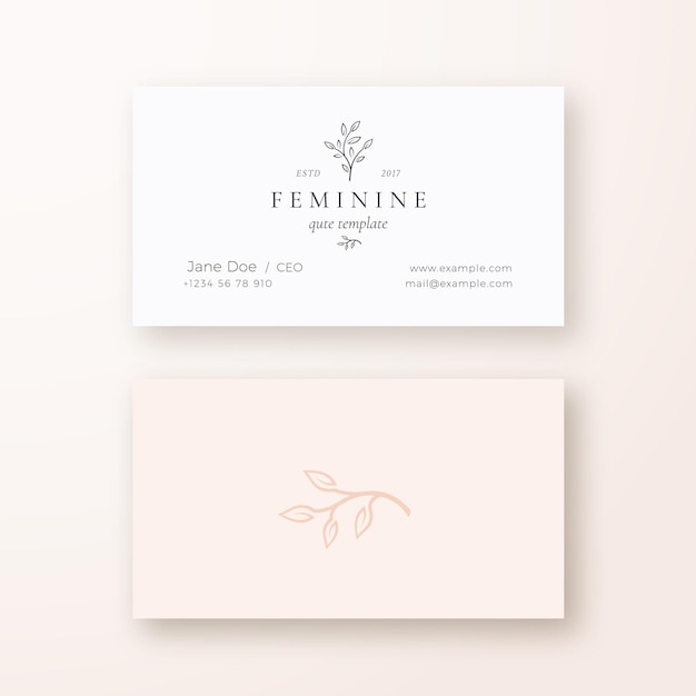 Vector abstract feminine leaf branch vector sign or logo and business card template premium stationary realistic mock up modern typography and soft shadows gentle pastel colors