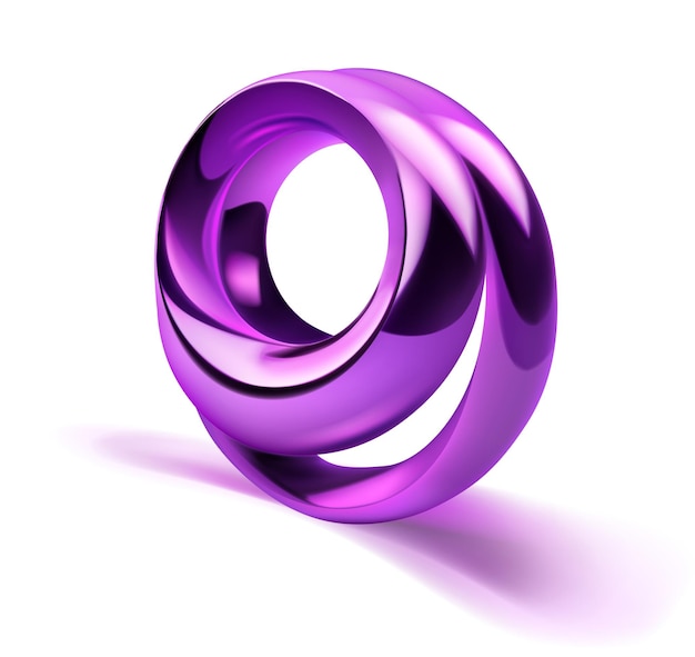 Abstract figure of two shiny metal rings of purple color with a shadow on a white background