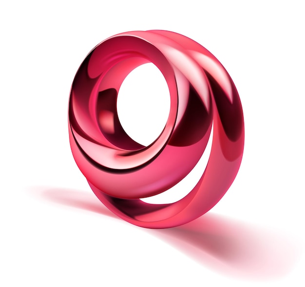 Абстрактная фигура из двух блестящих металлических колец красного цвета с тенью на белом фоне