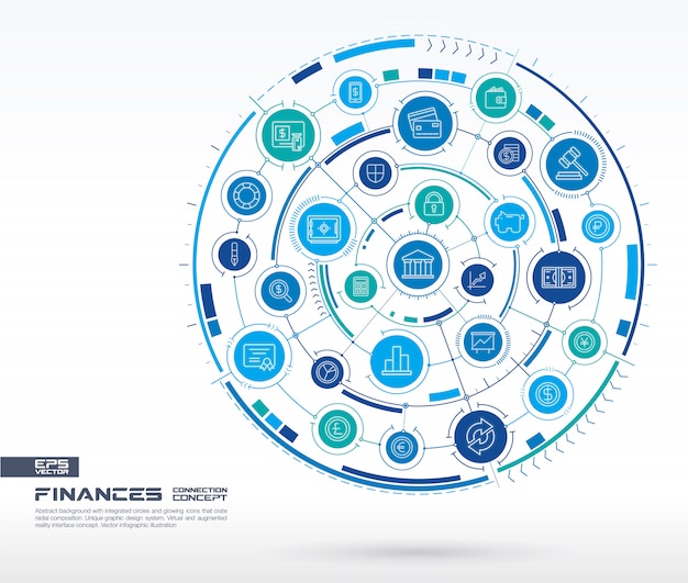 Finanza astratta, fondo di tecnologia della banca di internet. sistema di connessione digitale con cerchi integrati, icone di linea. gruppo di sistema di rete, concetto di interfaccia di pagamento. illustrazione infografica