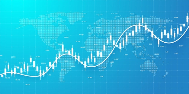 上昇トレンドライングラフと黒と白の色の背景に世界地図と抽象的な財務チャート株式市場投資取引のビジネスキャンドルスティックグラフチャートベクトル図