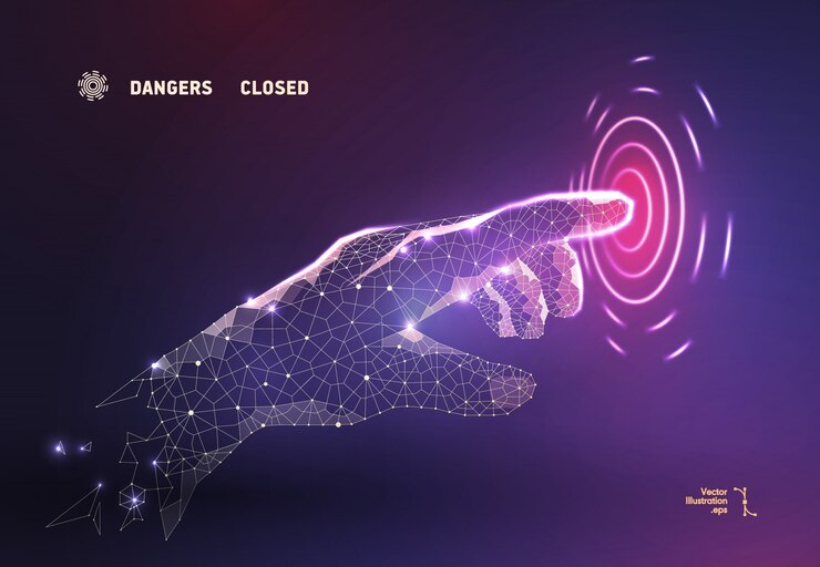 Vector the abstract finger hand presses the button on the polygonal tower