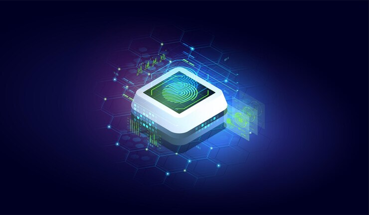 Vector abstract fingerprint technology concept of digital security electronic fingerprint on scanning device isometric vector illustration