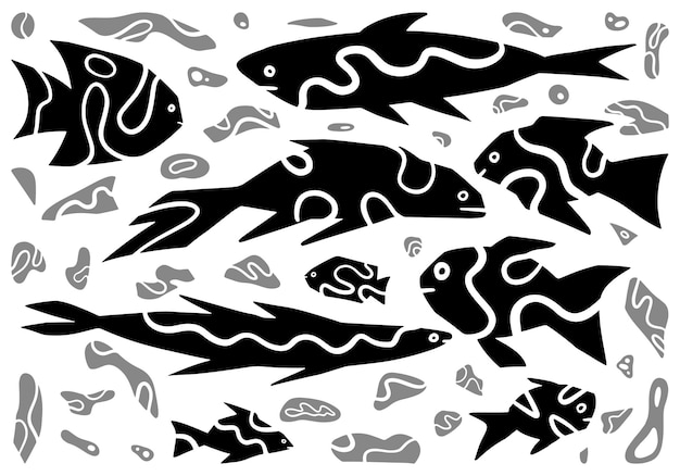 Abstract fishes simple geometric style Collection of underwater sea creature in primitive art style Hand drawn vector illustration isolated on white