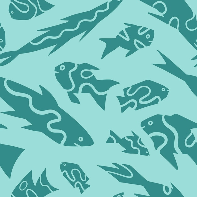 추상 물고기 간단한 기하학적 스타일 장식 원시 예술 스타일의 수중 바다 생물의 원활한 패턴 손으로 그린 벡터 일러스트 레이 션