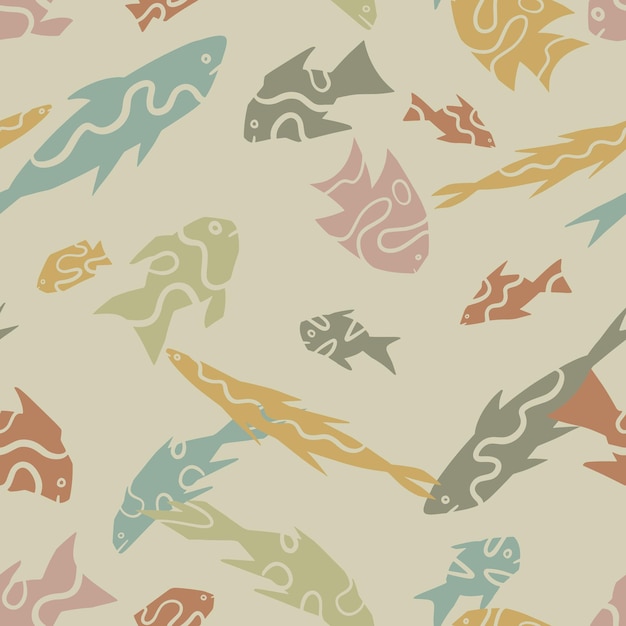 Абстрактные рыбы простой орнамент в геометрическом стиле Бесшовный рисунок подводных морских существ в стиле примитивного искусства Ручная рисованная векторная иллюстрация