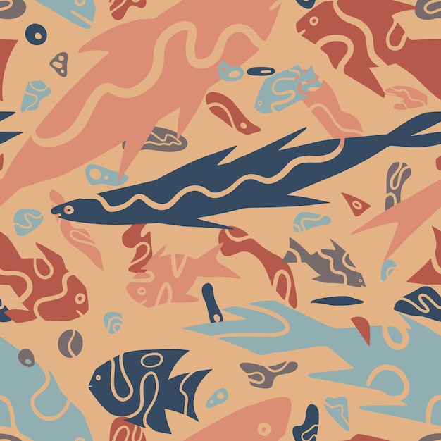 抽象的な魚の単純な幾何学的なスタイルの飾り プリミティブ アート スタイルで水中の海の生き物のシームレスなパターン 手描きの背景イラスト