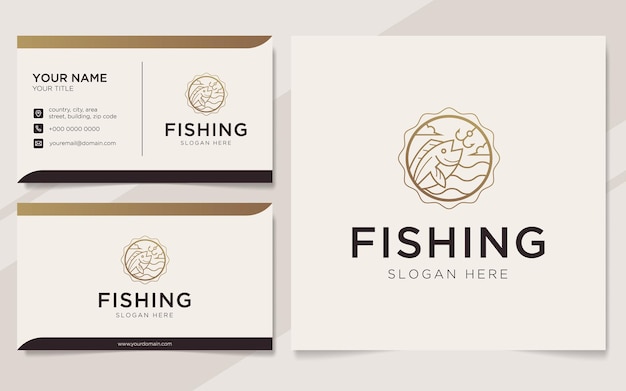 Abstract fishing logo in gold luxury style and business card design template