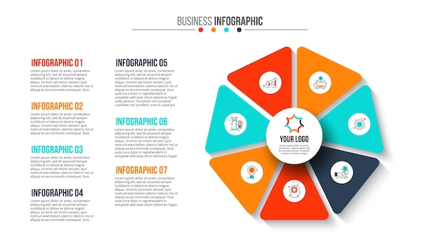 인포그래픽을 위한 7단계 크리에이티브 개념이 있는 사이클 다이어그램의 추상 평면 요소