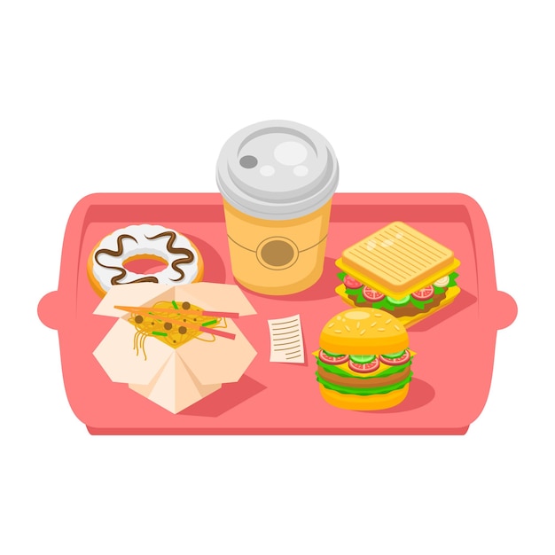 Abstract Flat Fast Food Tray met Cup Of Coffee Donut Noodles Hamburger Sandwich Meal achtergrond.