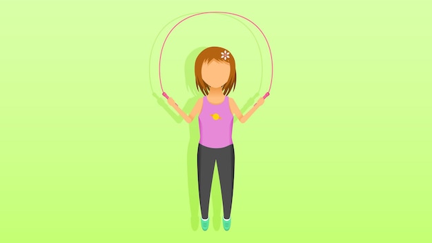 Vector abstract flat girl doing exercises jumping rope sport cartoon people character concept illustration