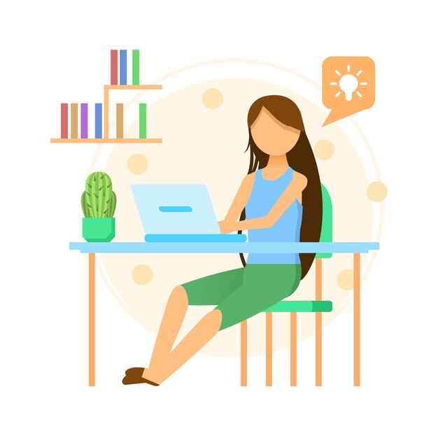 Abstract flat woman working from home freelance with laptop notebook cartoon people character