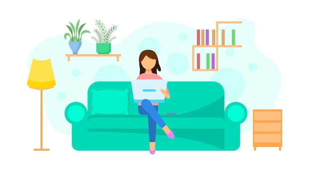 abstract flat woman working from home freelance with laptop notebook on the sofa cartoon people