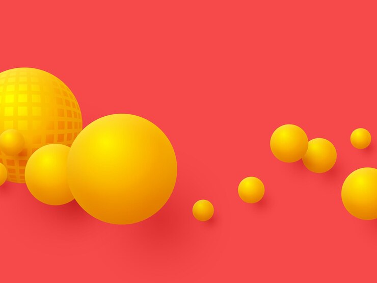 Vector abstract floating spheres background. 3d yellow balls on the red background.