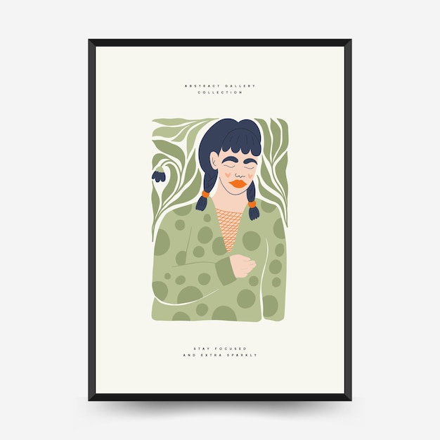 벡터 추상 꽃과 여성 포스터 템플릿 현대 유행 matisse 최소한의 스타일 귀여운 소녀