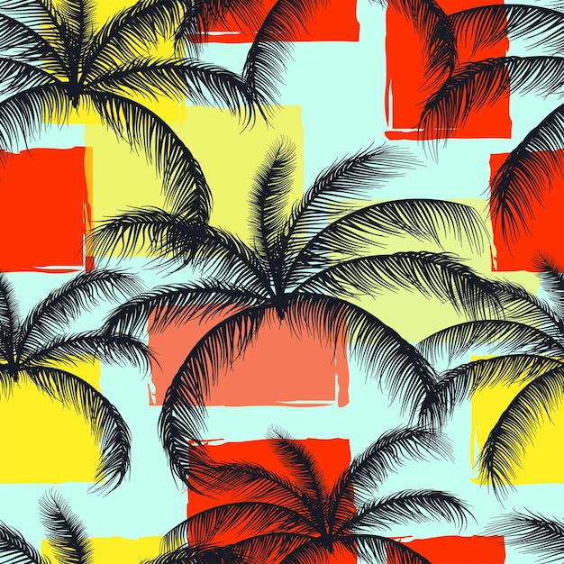 Abstract floral coconut trees seamless pattern with leaves tropical background