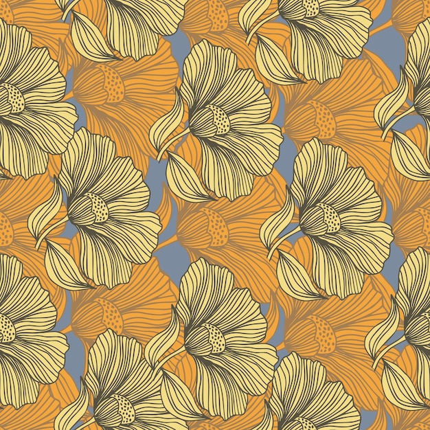 Abstract floral line seamless pattern in retro style Delicate vintage outline flower endless background