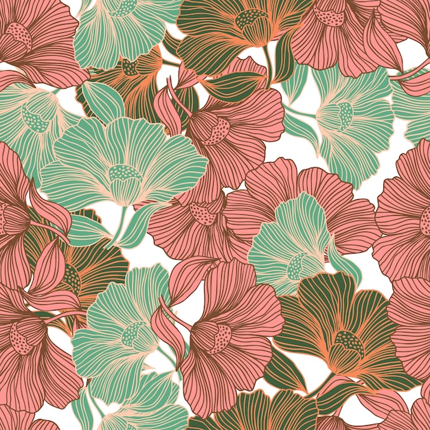 Abstract floral line seamless pattern in retro style Delicate vintage outline flower endless background