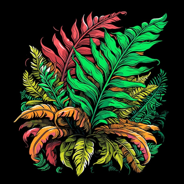Illustrazione astratta del motivo floreale dell'esplosione floreale foglie e fiori di felce su sfondo scuro in stile pop art vettoriale modello per poster adesivo maglietta ecc
