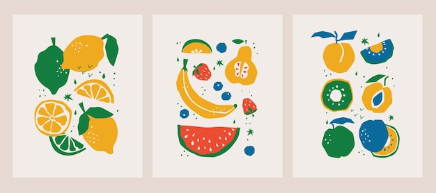 Vector abstract floral posters set with fruits and leaves trendy groovy abstract paper cut elements