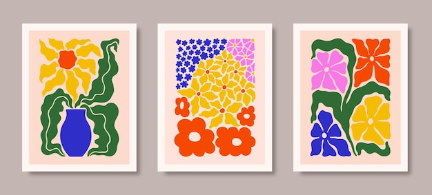 벡터 꽃병에 해바라기가 있는 추상적인 꽃 포스터와 동시대의 데이지 현대 식물 인쇄물