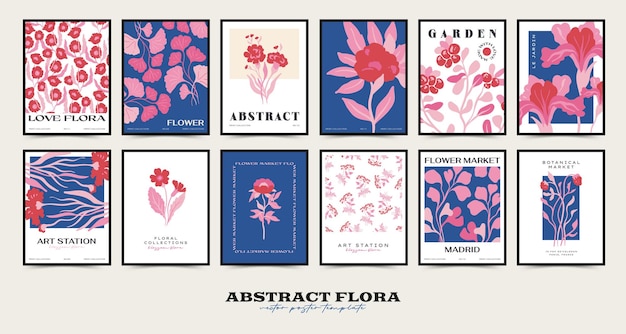 ベクトル 抽象的な花のポスターテンプレートコレクションモダンなトレンディなマティスミニマルスタイルピンクとブルーの色