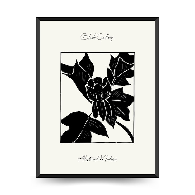 Abstract floral posters template. Modern Botanical trendy black style. Vintage flowers. Ink wall  ar