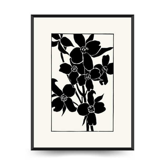 Abstract floral posters template. Modern Botanical trendy black style. Vintage flowers. Ink wall  ar