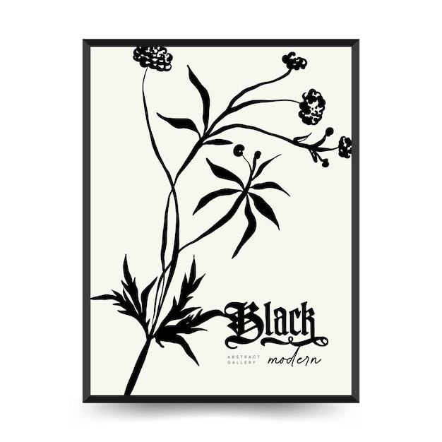 Abstract floral posters template. Modern Botanical trendy black style. Vintage flowers. Ink wall  ar